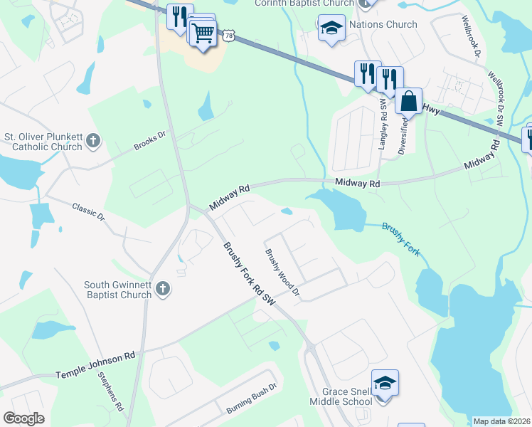 map of restaurants, bars, coffee shops, grocery stores, and more near 3462 Elaunta Street in Loganville