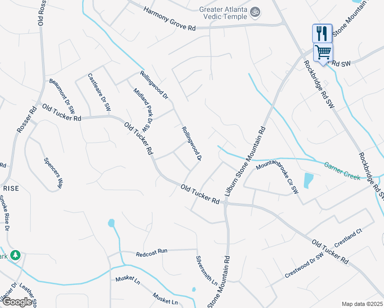 map of restaurants, bars, coffee shops, grocery stores, and more near 699 Rollingwood Drive in Stone Mountain