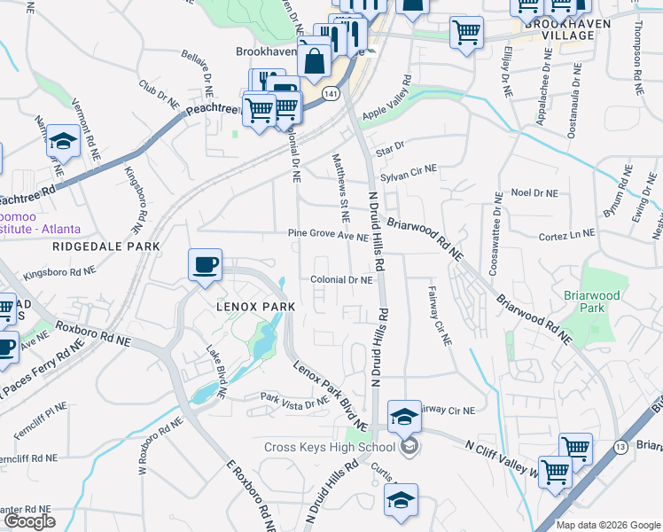 map of restaurants, bars, coffee shops, grocery stores, and more near 2290 Valley Brook Way in Atlanta