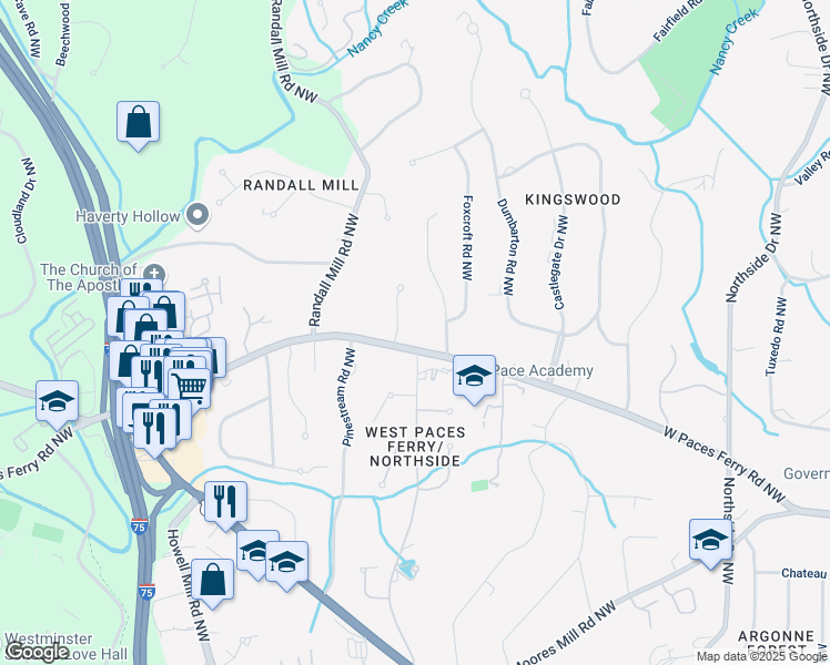 map of restaurants, bars, coffee shops, grocery stores, and more near 1011 West Paces Ferry Road Northwest in Atlanta