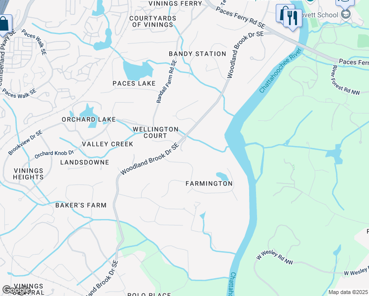 map of restaurants, bars, coffee shops, grocery stores, and more near 4195 Woodland Brook Drive Southeast in Atlanta