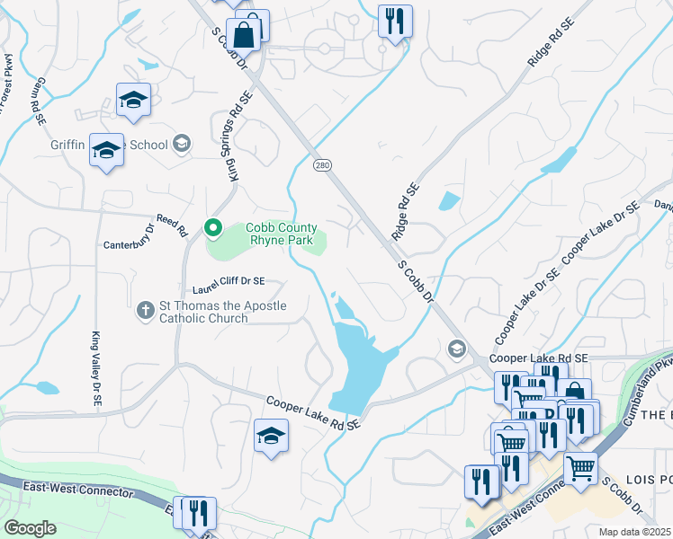 map of restaurants, bars, coffee shops, grocery stores, and more near 4206 Lake Laurel Drive in Smyrna