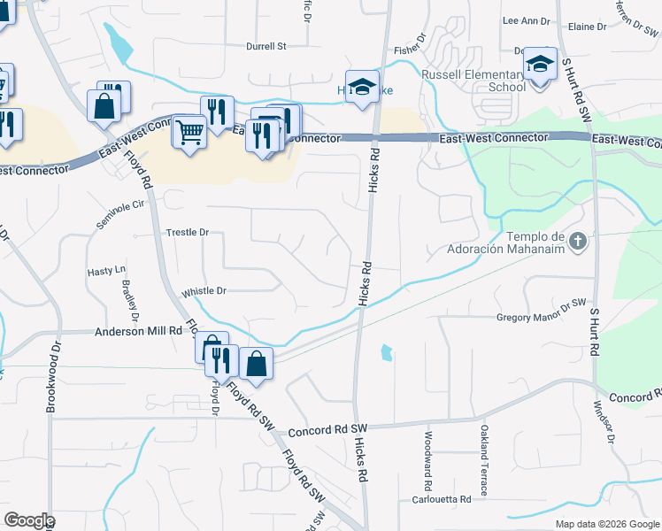 map of restaurants, bars, coffee shops, grocery stores, and more near 4002 Jessie Court in Austell