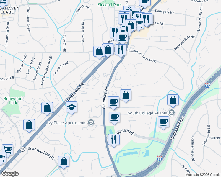 map of restaurants, bars, coffee shops, grocery stores, and more near in Brookhaven