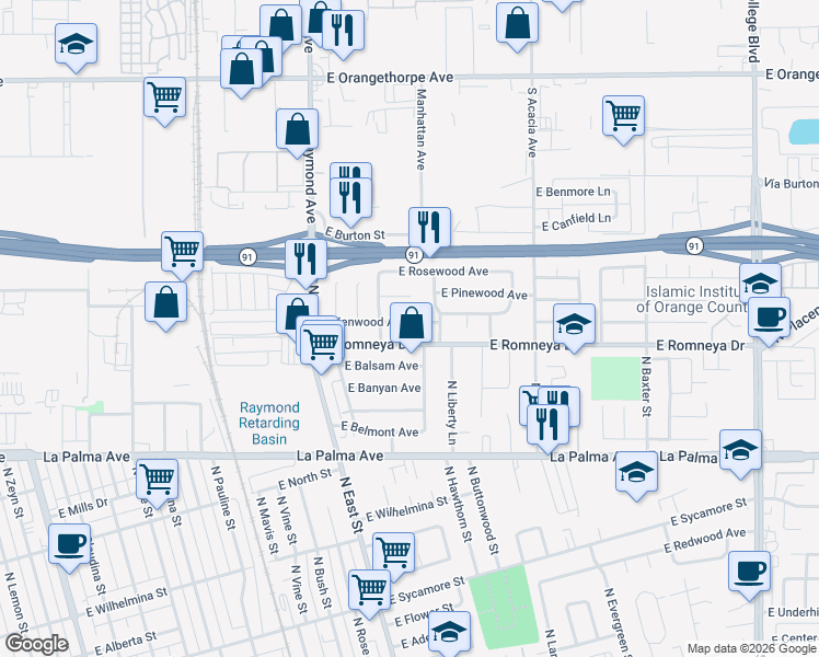 map of restaurants, bars, coffee shops, grocery stores, and more near 1326 East Kenwood Avenue in Anaheim