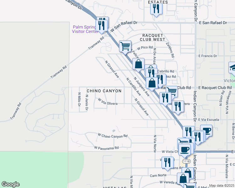 map of restaurants, bars, coffee shops, grocery stores, and more near 2480 North Leonard Road in Palm Springs