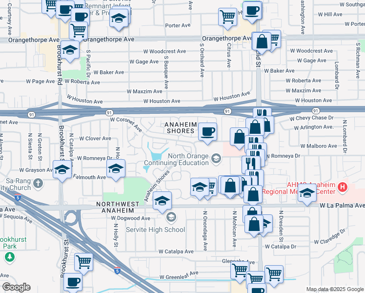 map of restaurants, bars, coffee shops, grocery stores, and more near 1326 North Mako Lane in Anaheim