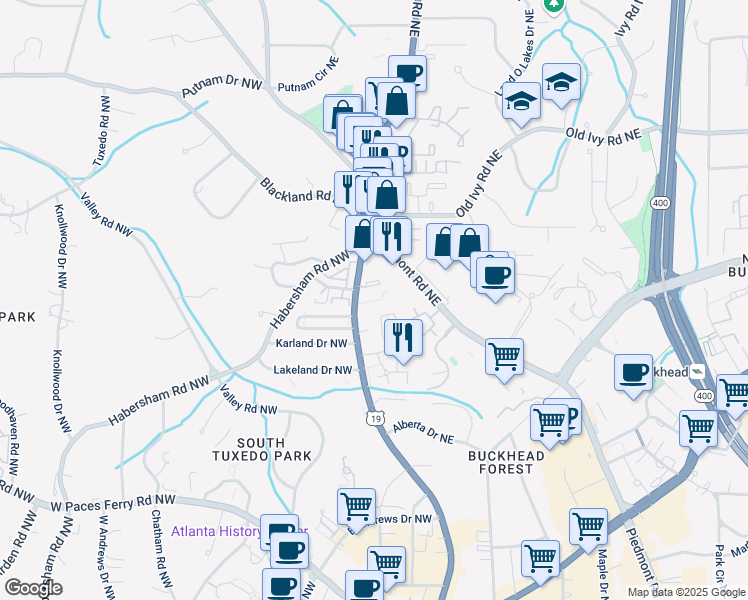 map of restaurants, bars, coffee shops, grocery stores, and more near 3535 Roswell Road Northeast in Atlanta