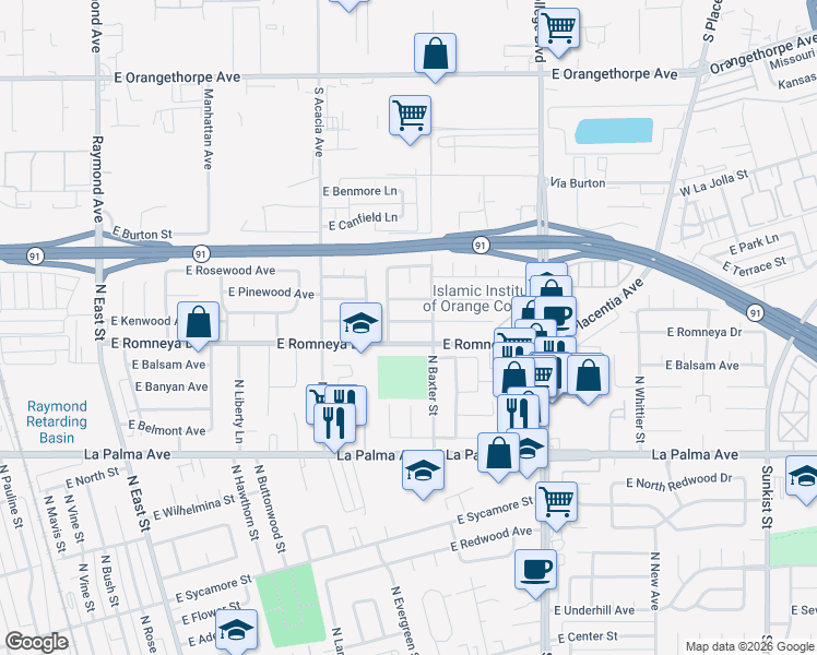 map of restaurants, bars, coffee shops, grocery stores, and more near 1616 East Briarvale Avenue in Anaheim