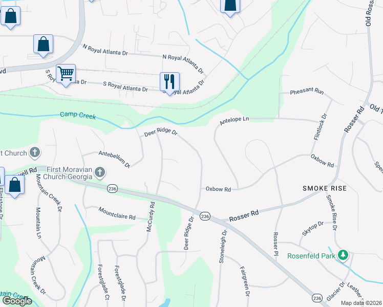 map of restaurants, bars, coffee shops, grocery stores, and more near 2282 Deer Ridge Drive in Stone Mountain