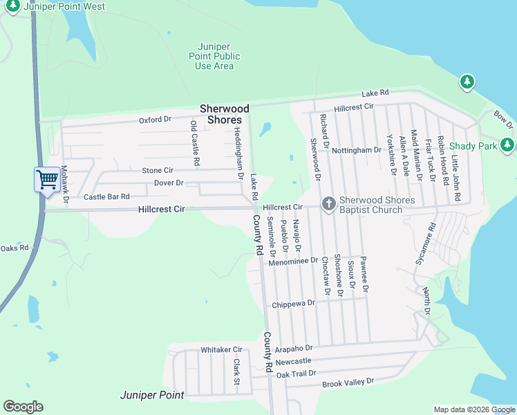 map of restaurants, bars, coffee shops, grocery stores, and more near South Hillcrest Drive in Sherwood Shores