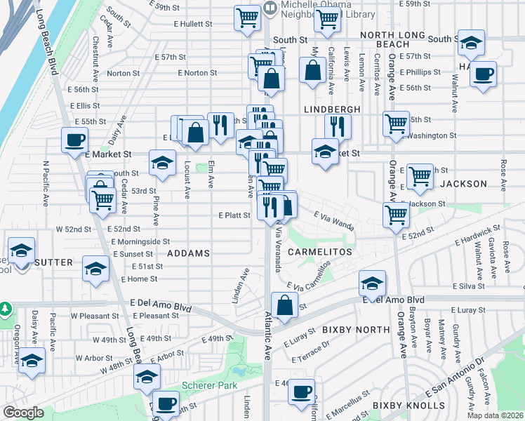 map of restaurants, bars, coffee shops, grocery stores, and more near 5239 Atlantic Avenue in Long Beach