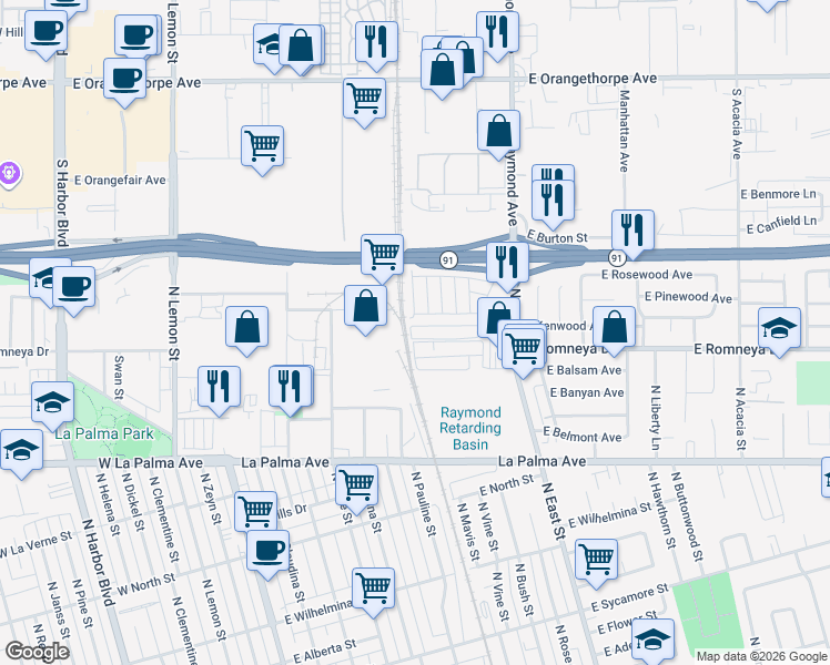 map of restaurants, bars, coffee shops, grocery stores, and more near 1241 North East Street in Anaheim
