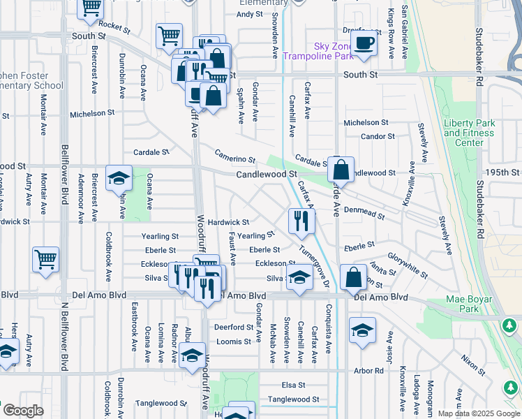 map of restaurants, bars, coffee shops, grocery stores, and more near 6053 Turnergrove Drive in Lakewood