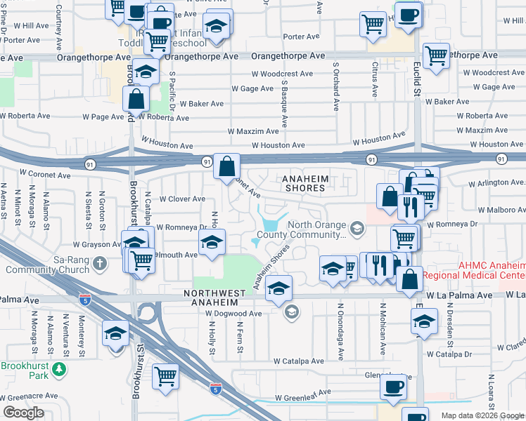 map of restaurants, bars, coffee shops, grocery stores, and more near 1384 North Schooner Lane in Anaheim