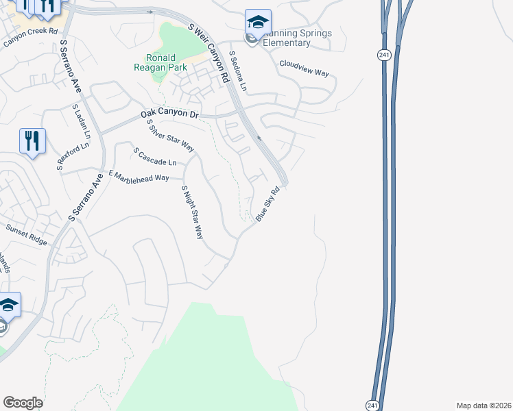 map of restaurants, bars, coffee shops, grocery stores, and more near 1370 South Country Glen Way in Anaheim