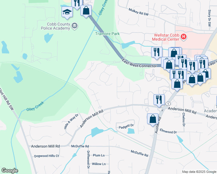 map of restaurants, bars, coffee shops, grocery stores, and more near 1309 Mesa Valley Way in Austell