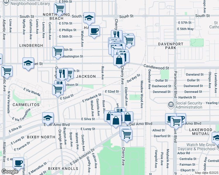 map of restaurants, bars, coffee shops, grocery stores, and more near 1922 East Jackson Street in Long Beach