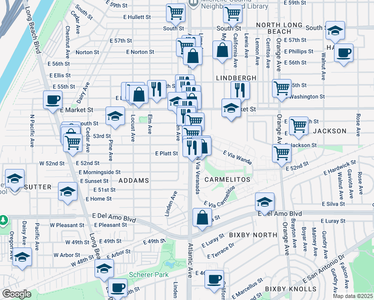 map of restaurants, bars, coffee shops, grocery stores, and more near 5267 Atlantic Avenue in Long Beach