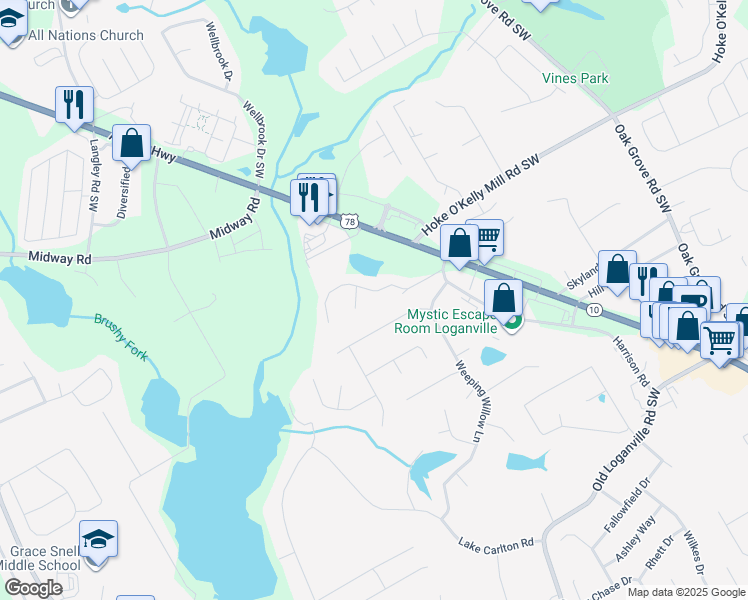 map of restaurants, bars, coffee shops, grocery stores, and more near 460 Aristocrat Drive Southwest in Loganville
