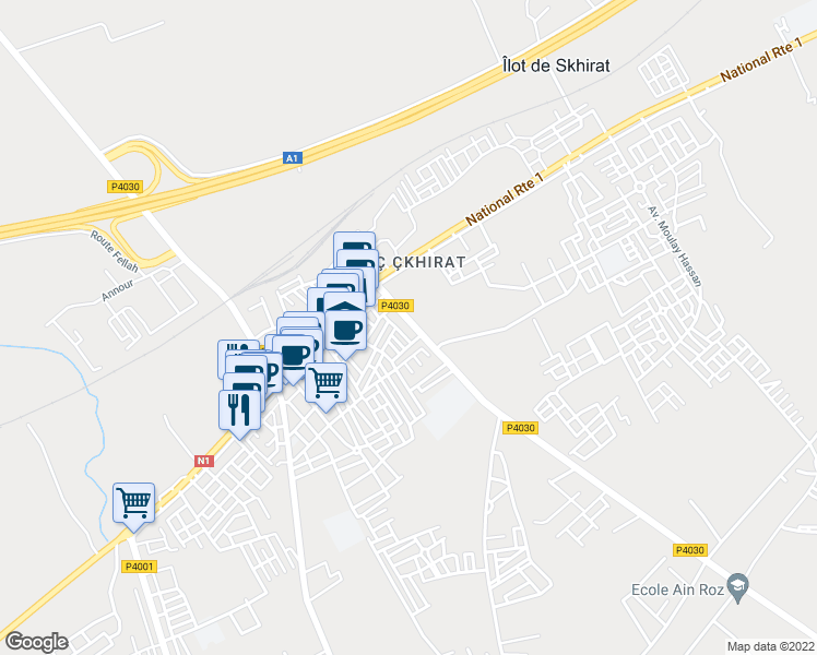 map of restaurants, bars, coffee shops, grocery stores, and more near P4030 in Skhirat