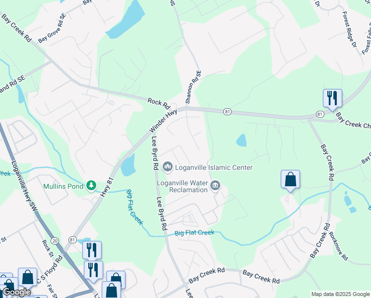 map of restaurants, bars, coffee shops, grocery stores, and more near 223 Birchwood Drive in Loganville