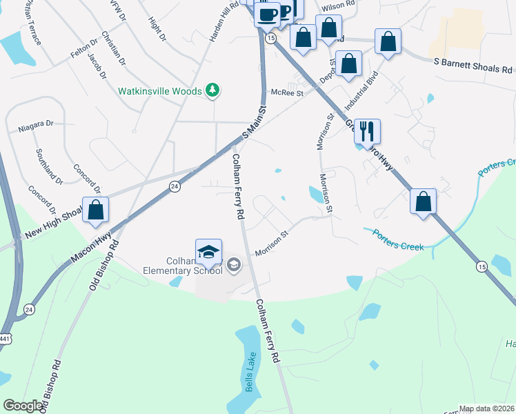 map of restaurants, bars, coffee shops, grocery stores, and more near 130 Colham Ferry Road in Watkinsville