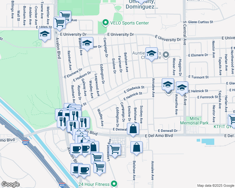 map of restaurants, bars, coffee shops, grocery stores, and more near 953 East Gladwick Street in Carson