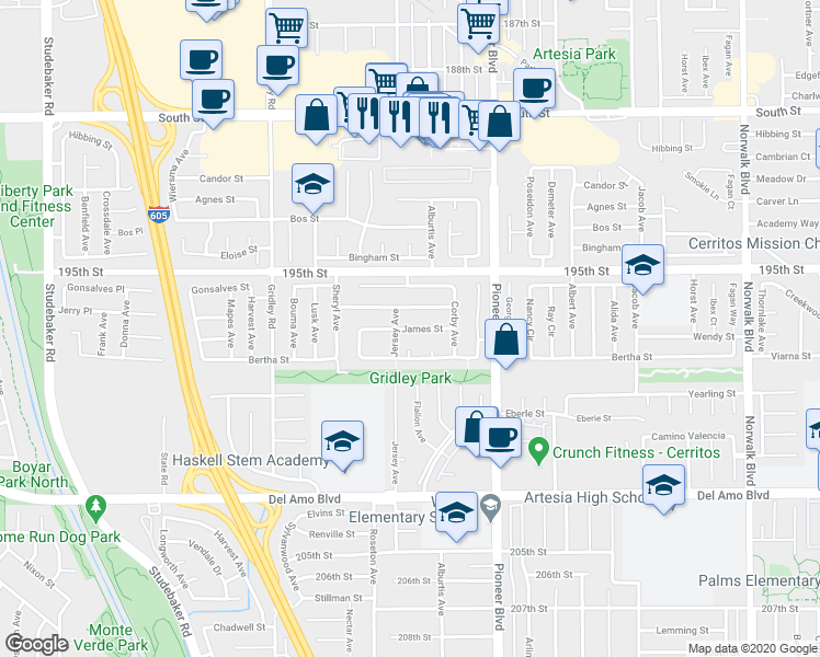 map of restaurants, bars, coffee shops, grocery stores, and more near James Street in Cerritos