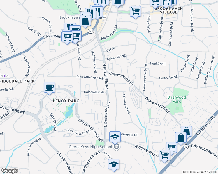 map of restaurants, bars, coffee shops, grocery stores, and more near 1399 North Druid Hills Road in Brookhaven
