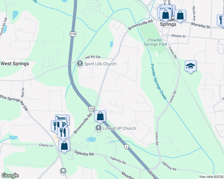 map of restaurants, bars, coffee shops, grocery stores, and more near 4151 Woodcrest Lane in Powder Springs