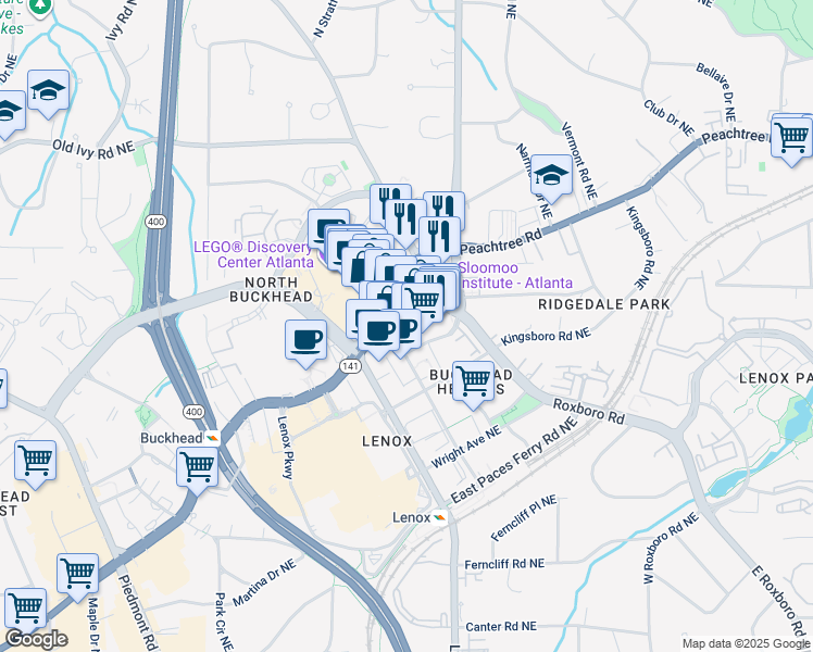 map of restaurants, bars, coffee shops, grocery stores, and more near 3490 Peachtree Road in Atlanta