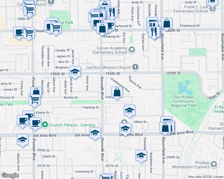 map of restaurants, bars, coffee shops, grocery stores, and more near 12237 Wendy Drive in Cerritos