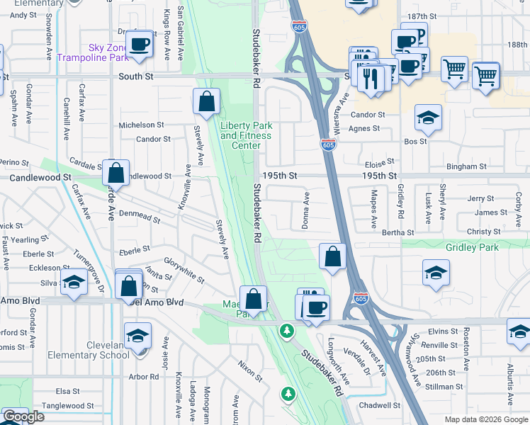 map of restaurants, bars, coffee shops, grocery stores, and more near 11003 Bradford Circle in Cerritos