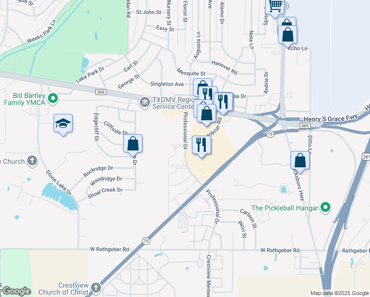 map of restaurants, bars, coffee shops, grocery stores, and more near 5200 Professional Drive in Wichita Falls