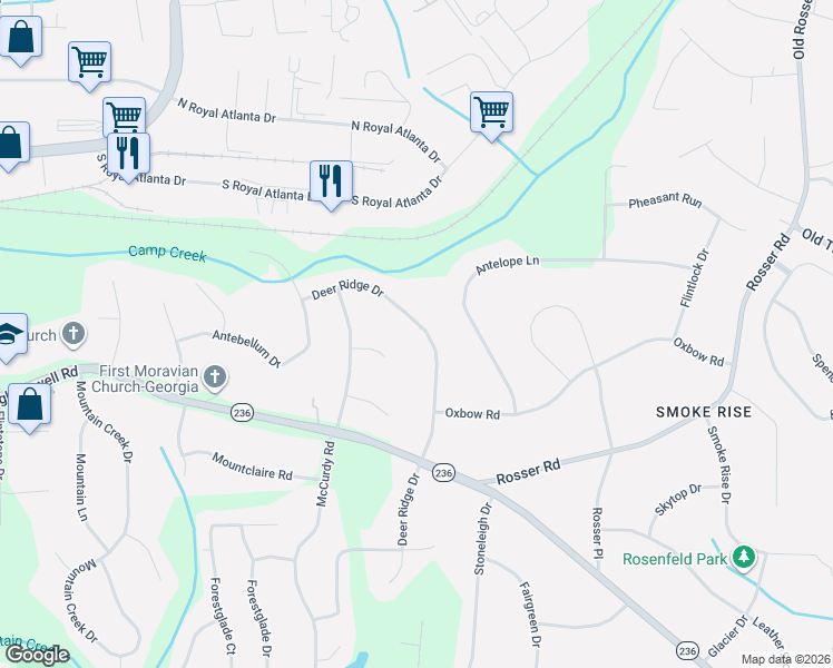 map of restaurants, bars, coffee shops, grocery stores, and more near 2282 Deer Ridge Drive in Stone Mountain