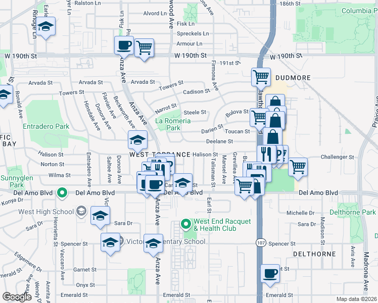 map of restaurants, bars, coffee shops, grocery stores, and more near 4811 Halison Street in Torrance
