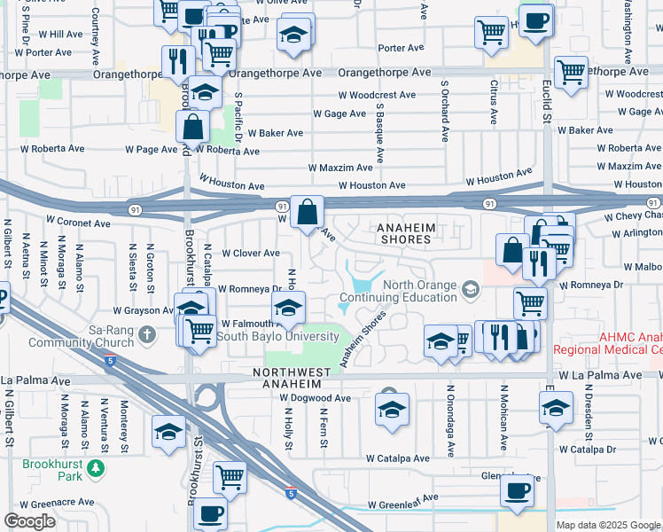 map of restaurants, bars, coffee shops, grocery stores, and more near 1315 North Lighthouse Lane in Anaheim