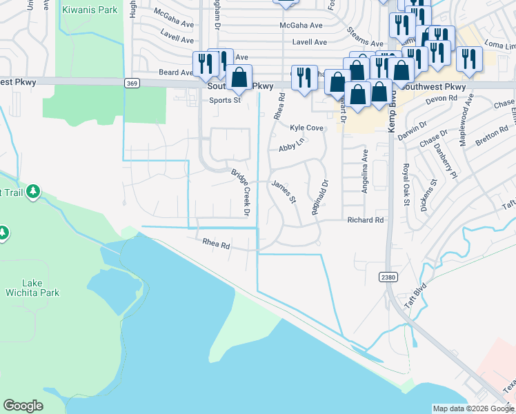 map of restaurants, bars, coffee shops, grocery stores, and more near 4816 Rhea Road in Wichita Falls