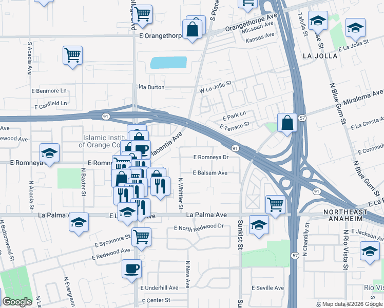 map of restaurants, bars, coffee shops, grocery stores, and more near 1302 North Basque Circle in Anaheim