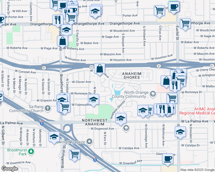 map of restaurants, bars, coffee shops, grocery stores, and more near 1315 North Lighthouse Lane in Anaheim