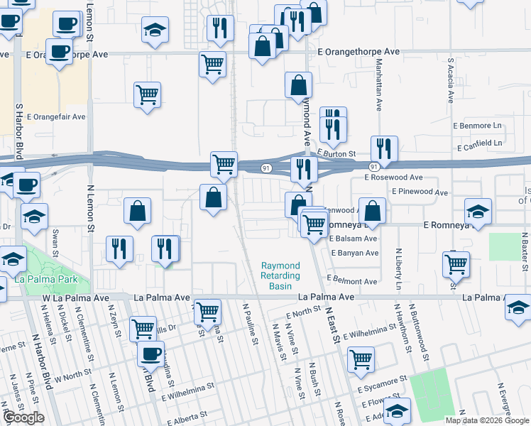 map of restaurants, bars, coffee shops, grocery stores, and more near 1241 North East Street in Anaheim