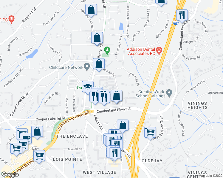 map of restaurants, bars, coffee shops, grocery stores, and more near 4204 Zermatt Drive Southeast in Smyrna