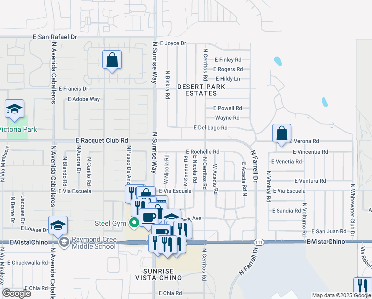 map of restaurants, bars, coffee shops, grocery stores, and more near 1887 East Racquet Club Road in Palm Springs