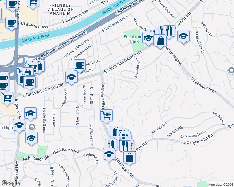 map of restaurants, bars, coffee shops, grocery stores, and more near 160 South Summertree Road in Anaheim