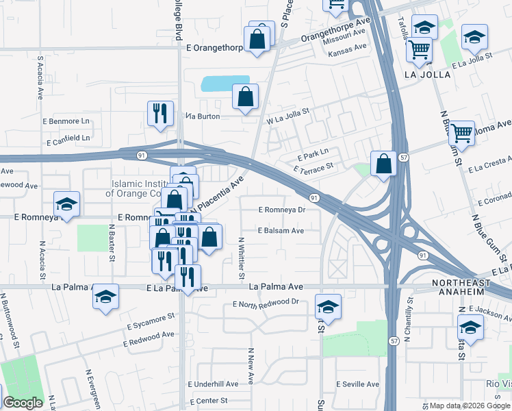 map of restaurants, bars, coffee shops, grocery stores, and more near 1302 North Basque Circle in Anaheim