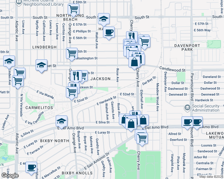 map of restaurants, bars, coffee shops, grocery stores, and more near 1693 East Jackson Street in Long Beach