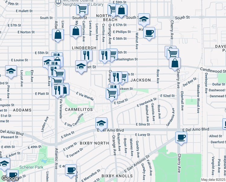 map of restaurants, bars, coffee shops, grocery stores, and more near 5261 Orange Avenue in Long Beach