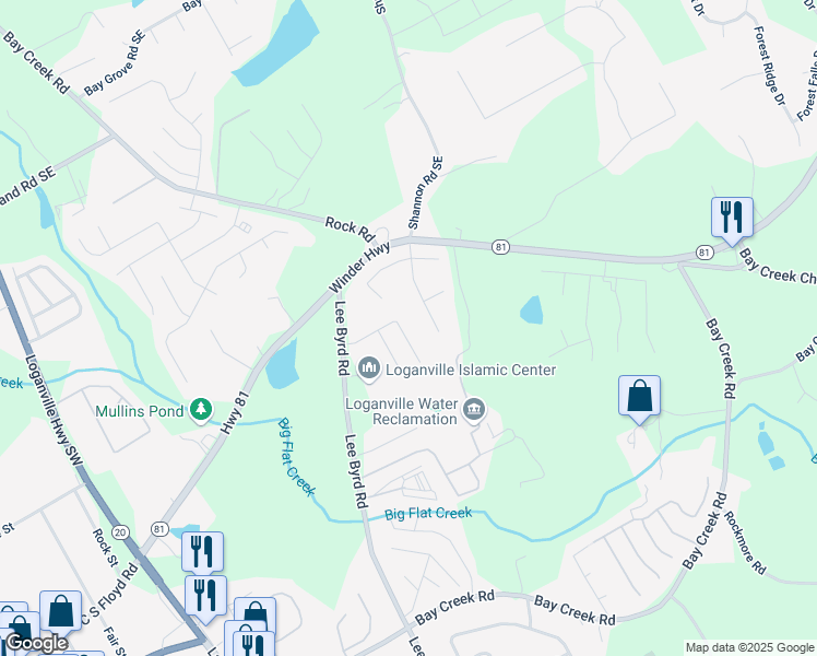 map of restaurants, bars, coffee shops, grocery stores, and more near 223 Birchwood Drive in Loganville
