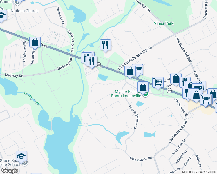 map of restaurants, bars, coffee shops, grocery stores, and more near 440 Aristocrat Drive Southwest in Loganville